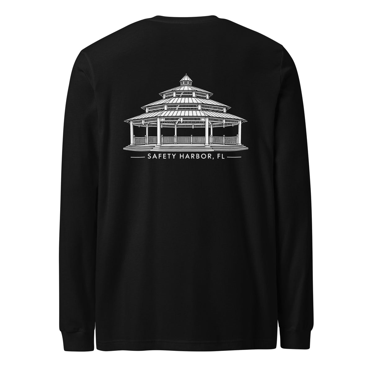 Safety Harbor gazebo long sleeve tee in Black, back view with gazebo design