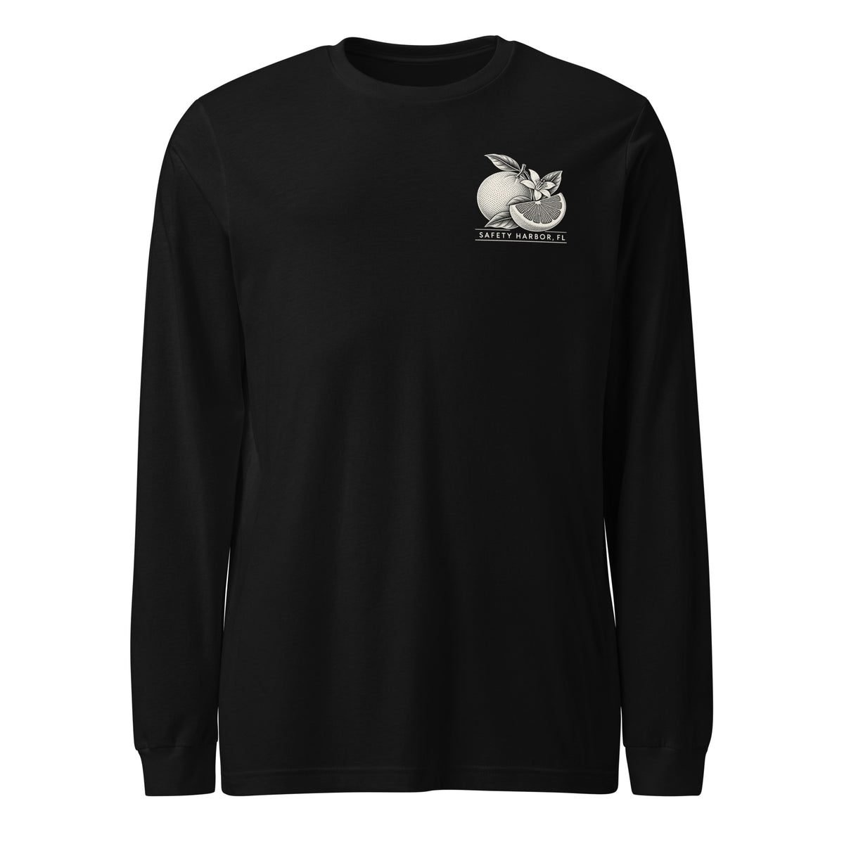 Safety Harbor grapefruit long sleeve tee in Black, front view