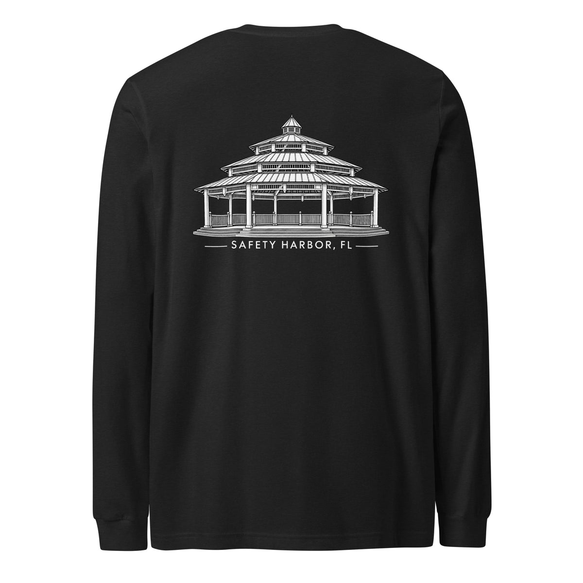 Safety Harbor gazebo long sleeve tee in Black Heather, back view with gazebo design