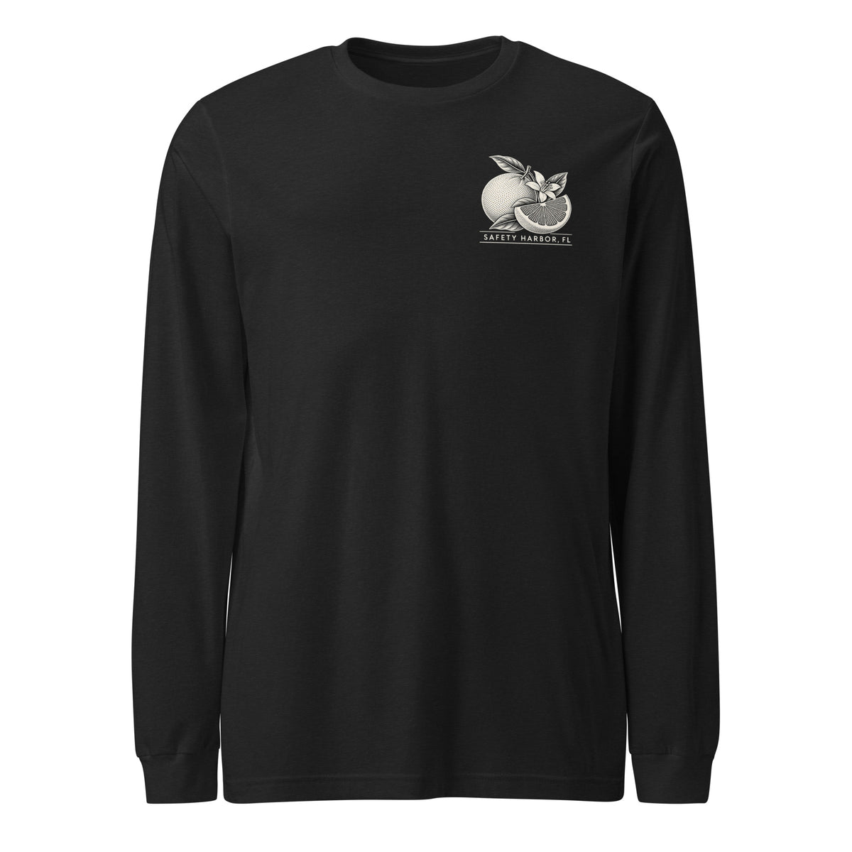 Safety Harbor grapefruit long sleeve tee in Black Heather, front view