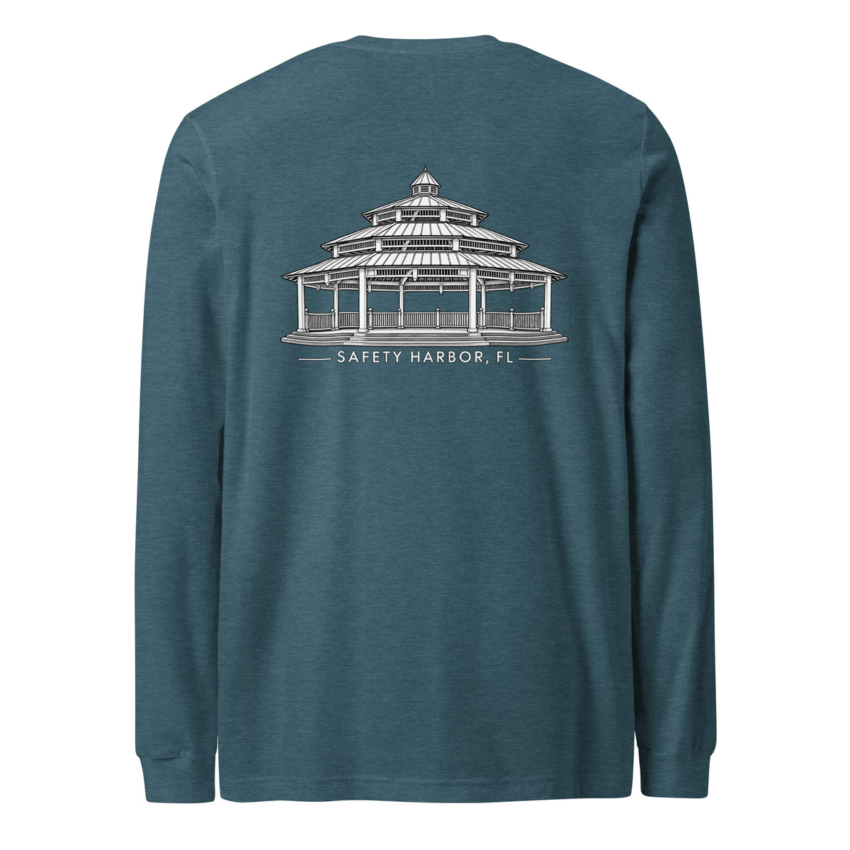 Safety Harbor gazebo long sleeve tee in Heather Deep Teal, back view with gazebo design