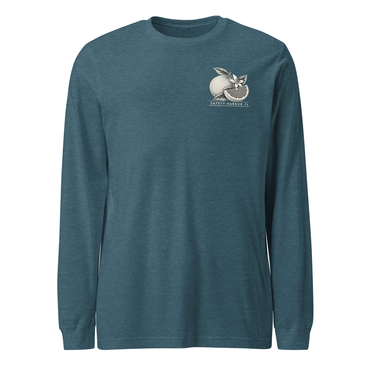 Safety Harbor grapefruit long sleeve tee in Heather Deep Teal, front view