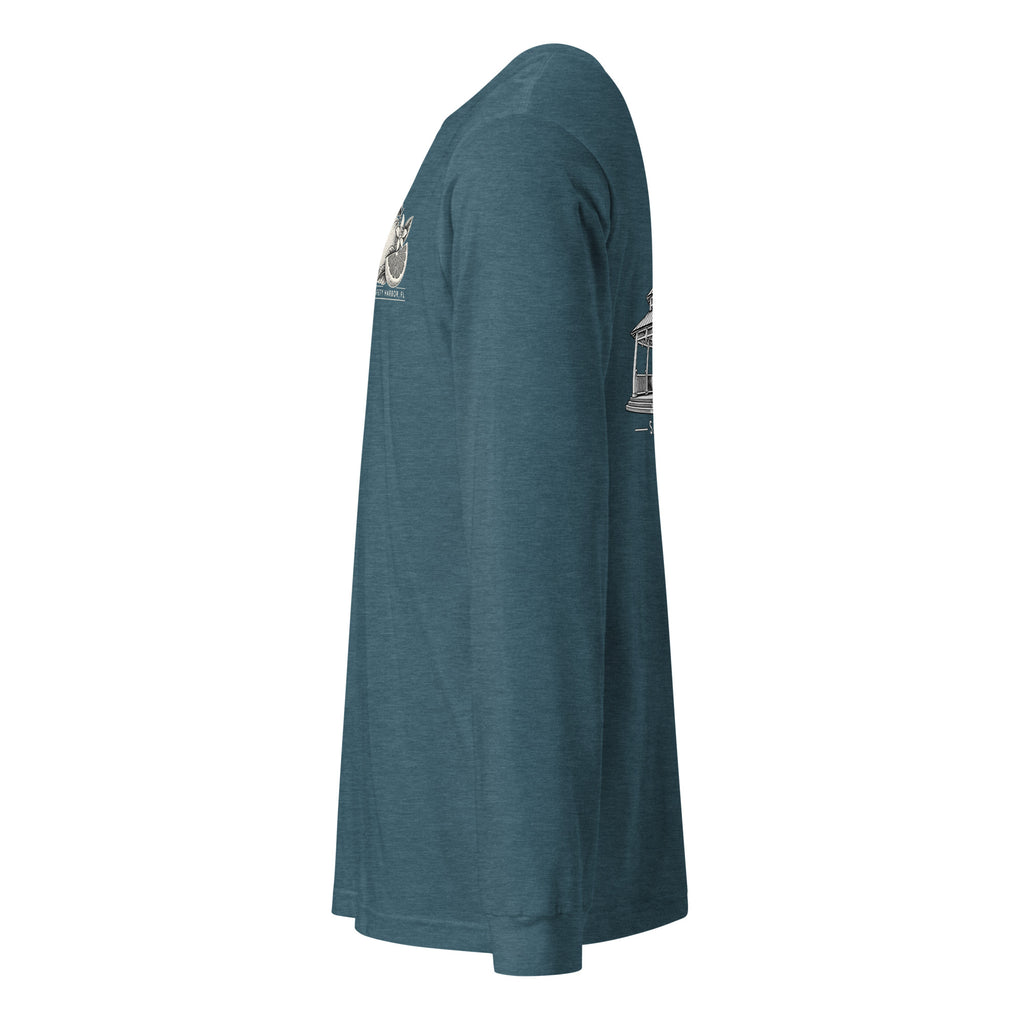 Safety Harbor gazebo long sleeve tee in Heather Deep Teal, left sleeve view