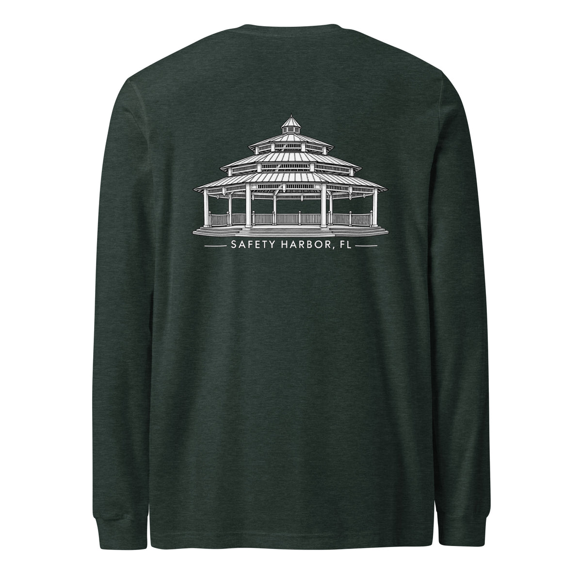 Safety Harbor gazebo long sleeve tee in Heather Forest, back view with gazebo design