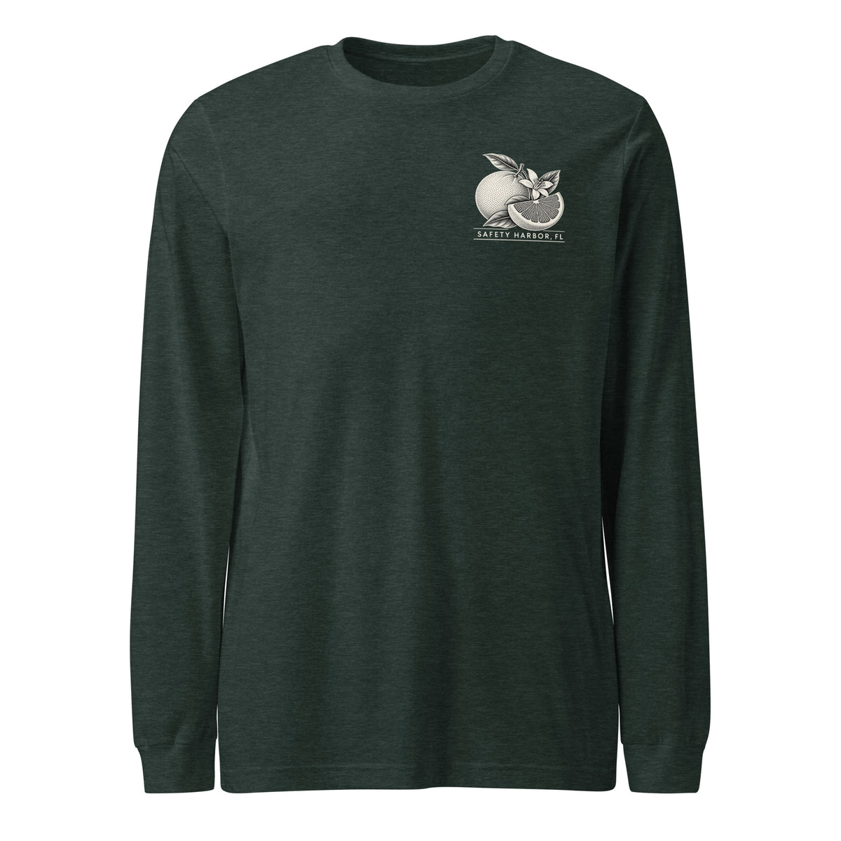 Safety Harbor grapefruit long sleeve tee in Heather Forest, front view