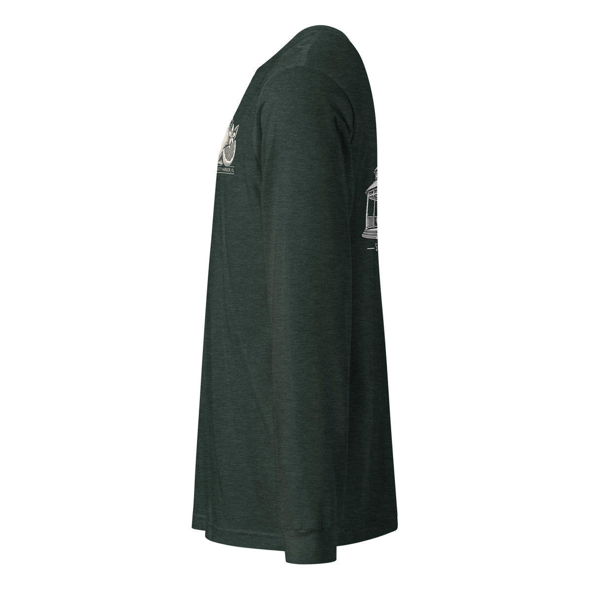 Safety Harbor gazebo long sleeve tee in Heather Forest, left sleeve view