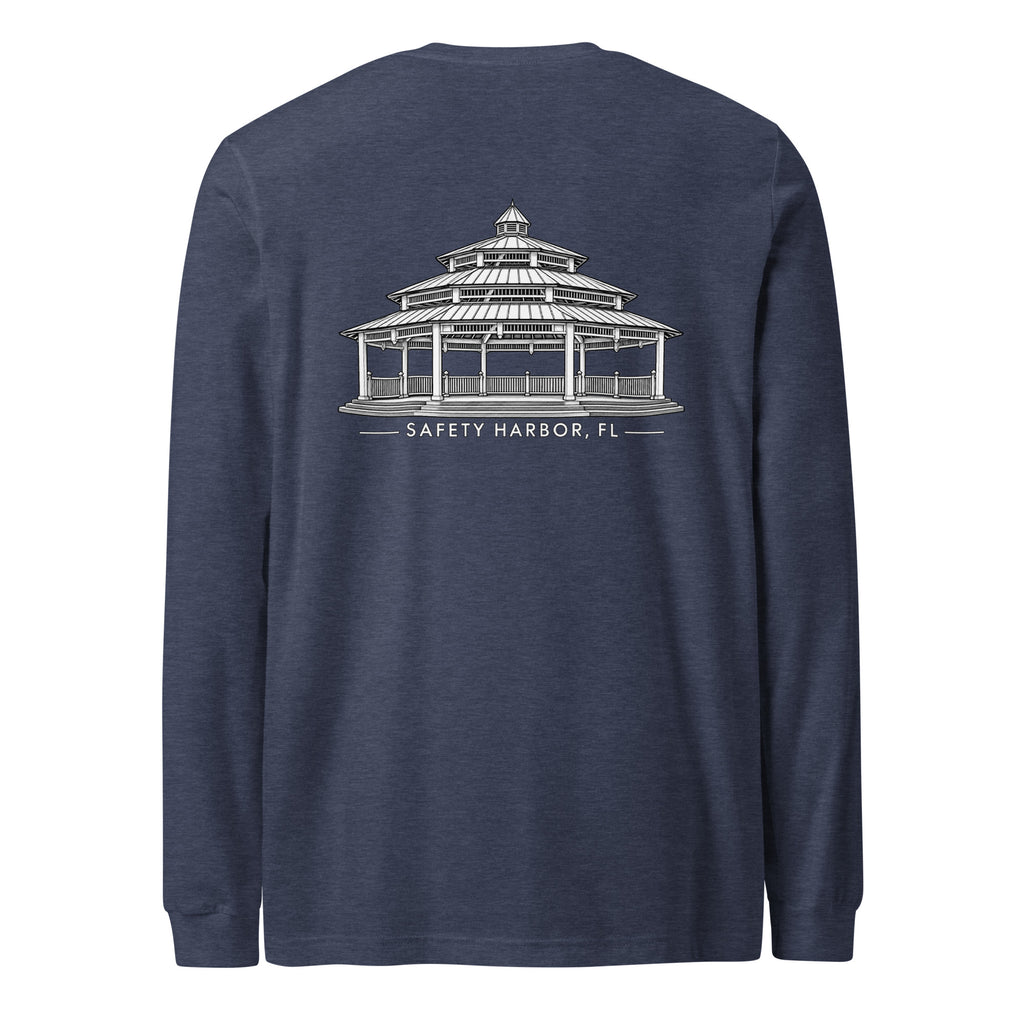 Safety Harbor gazebo long sleeve tee in Heather Navy, back view with gazebo design