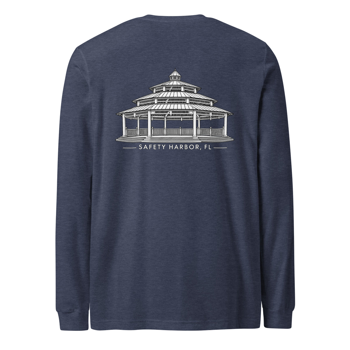 Safety Harbor gazebo long sleeve tee in Heather Navy, back view with gazebo design