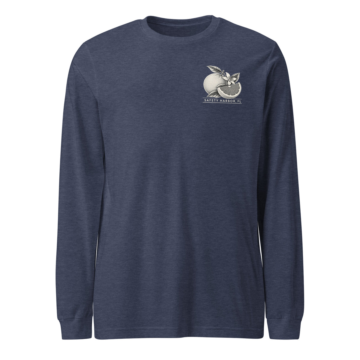 Safety Harbor grapefruit long sleeve tee in Heather Navy, front view