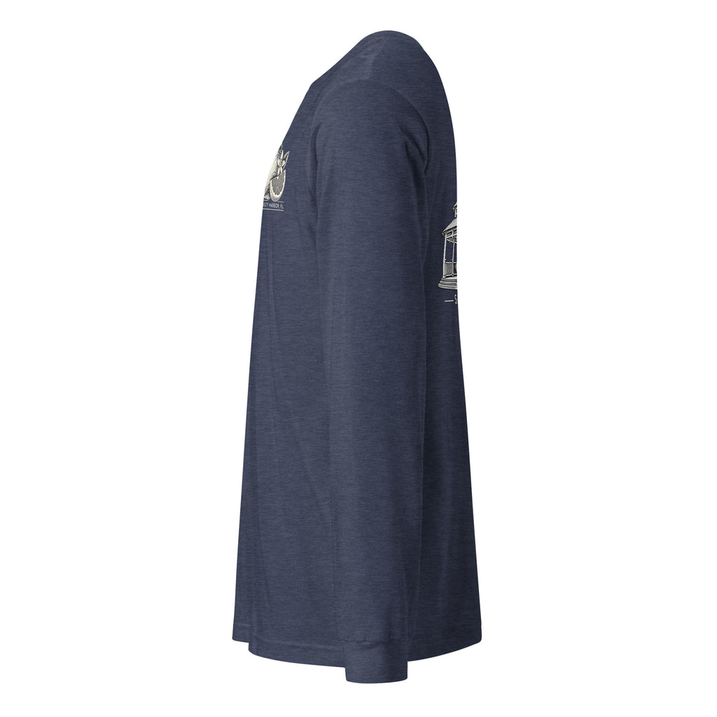 Safety Harbor gazebo long sleeve tee in Heather Navy, left sleeve view