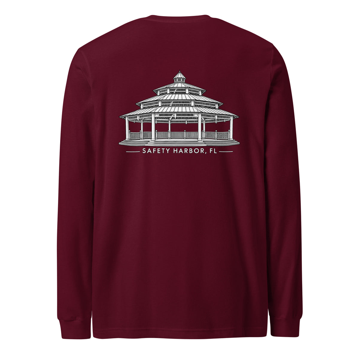 Safety Harbor gazebo long sleeve tee in Maroon, back view with gazebo design