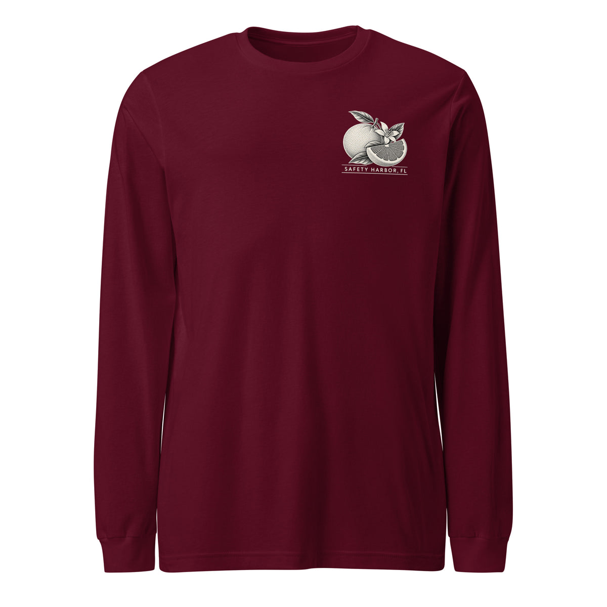 Safety Harbor grapefruit long sleeve tee in Maroon, front view