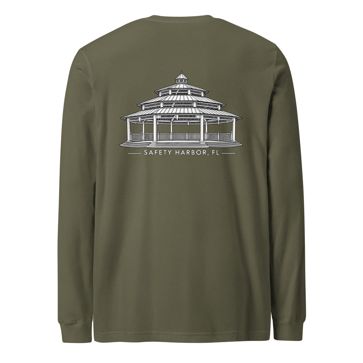 Safety Harbor gazebo long sleeve tee in Military Green, back view with gazebo design
