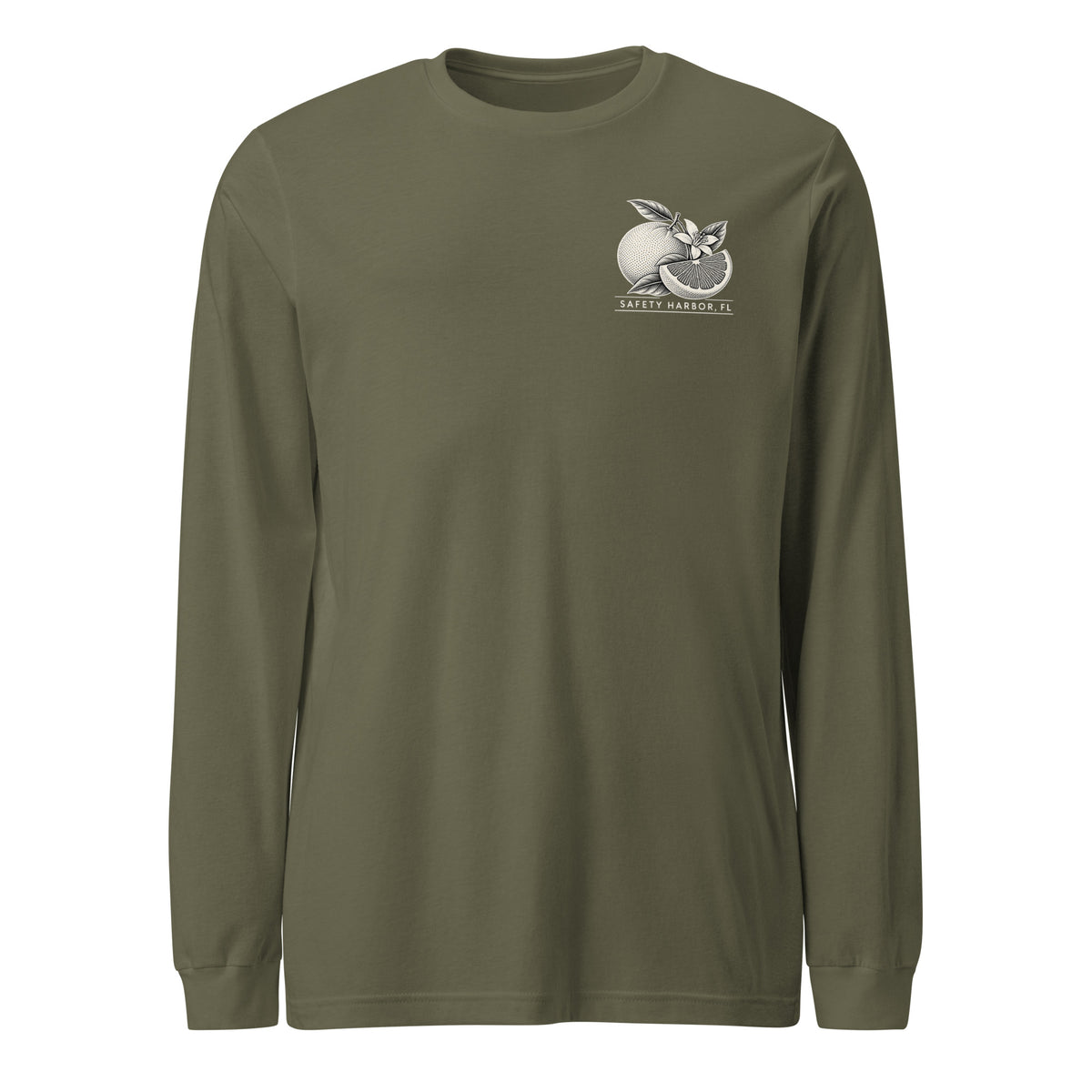 Safety Harbor grapefruit long sleeve tee in Military Green, front view