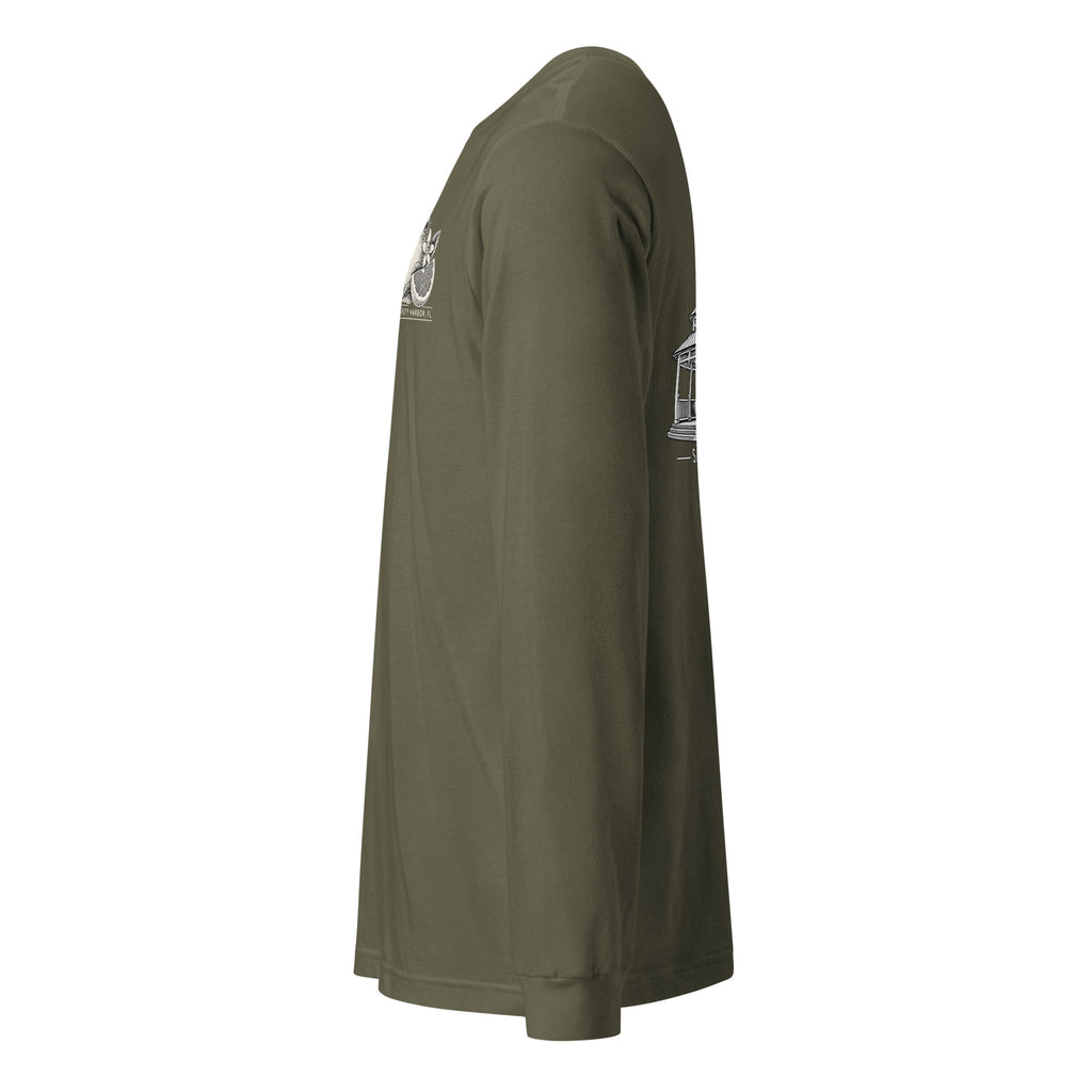 Safety Harbor gazebo long sleeve tee in Military Green, left sleeve view