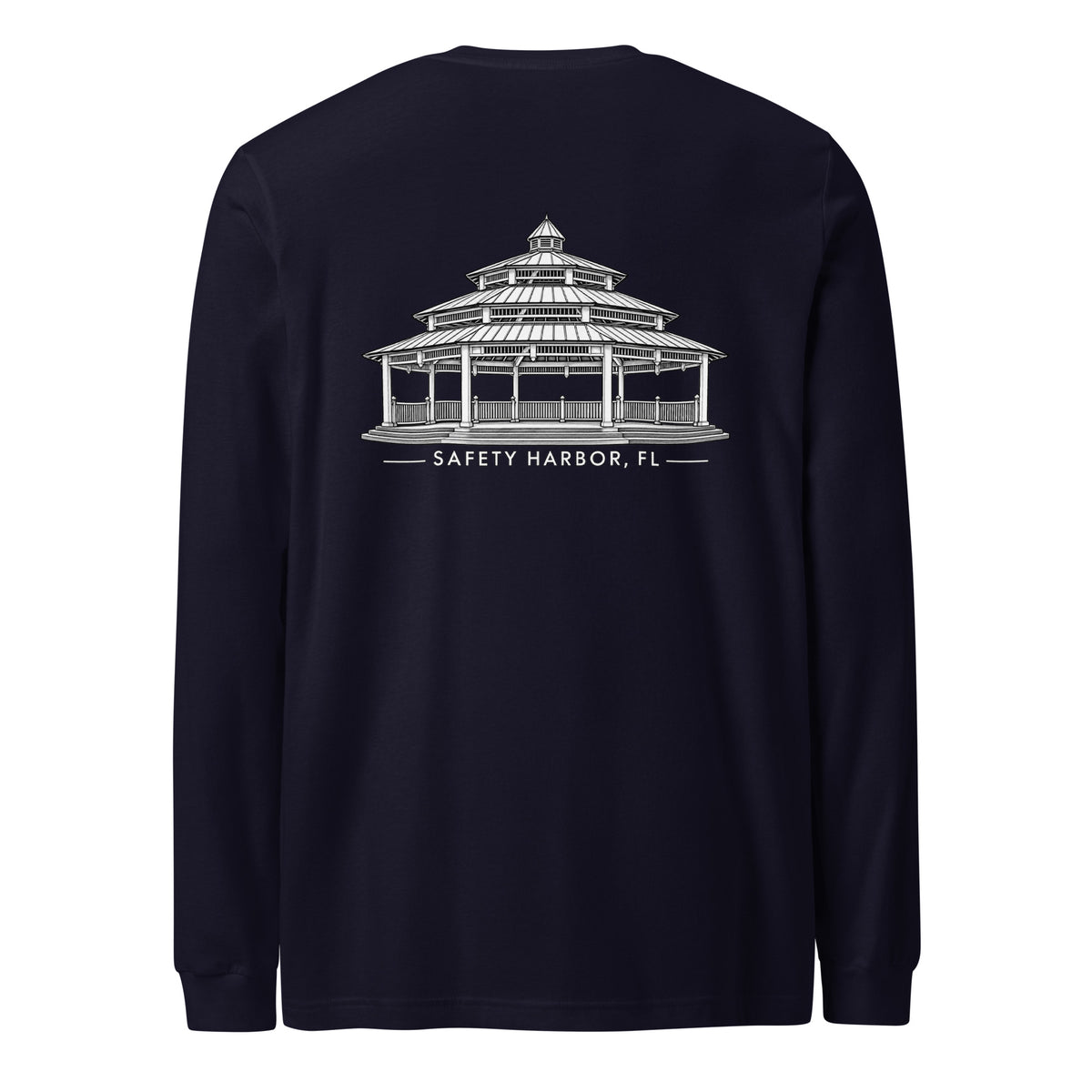 Safety Harbor gazebo long sleeve tee in Navy, back view with gazebo design