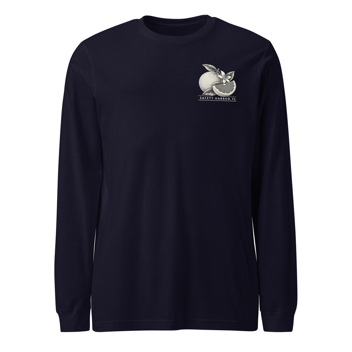 Safety Harbor grapefruit long sleeve tee in Navy, front view