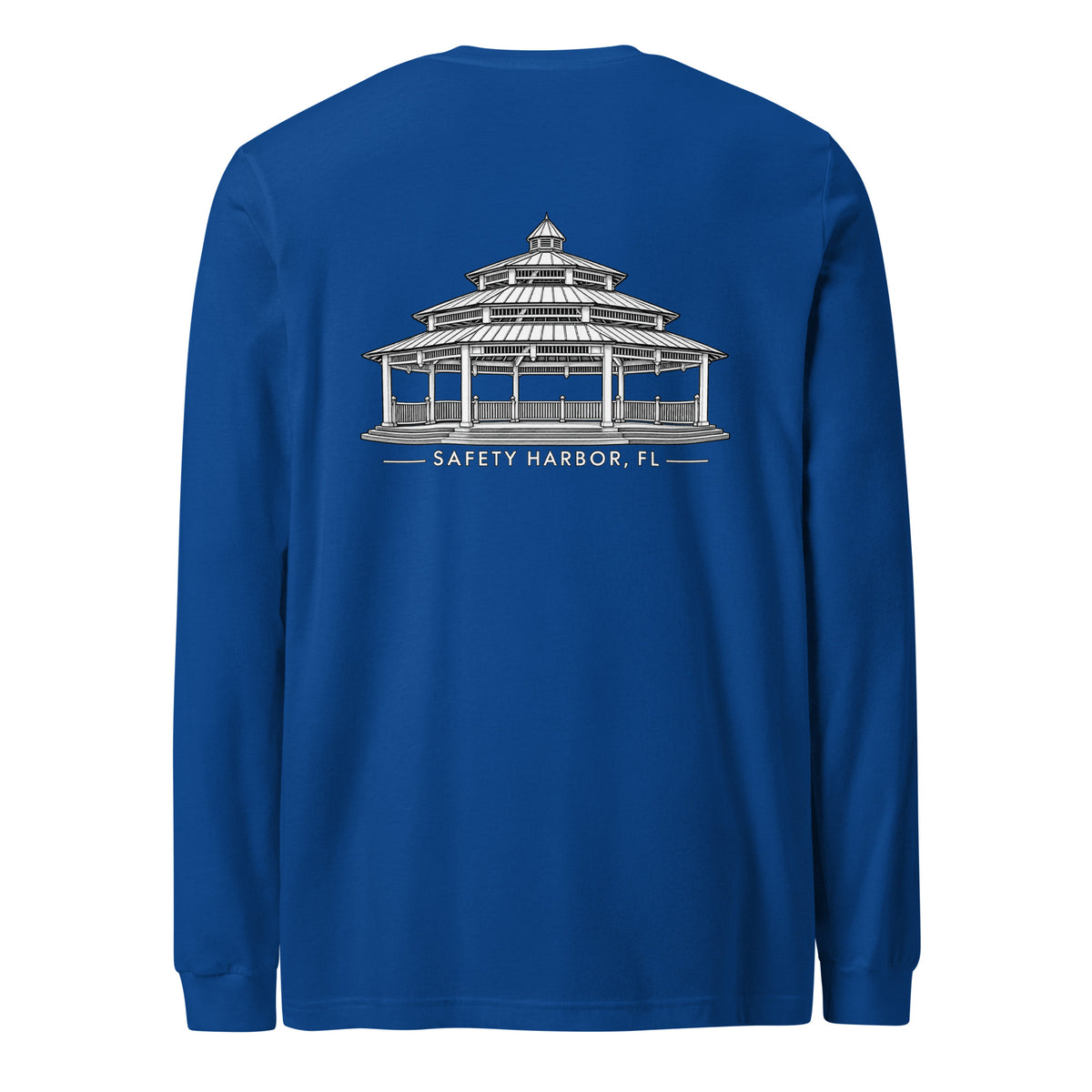 Safety Harbor gazebo long sleeve tee in True Royal, back view with gazebo design