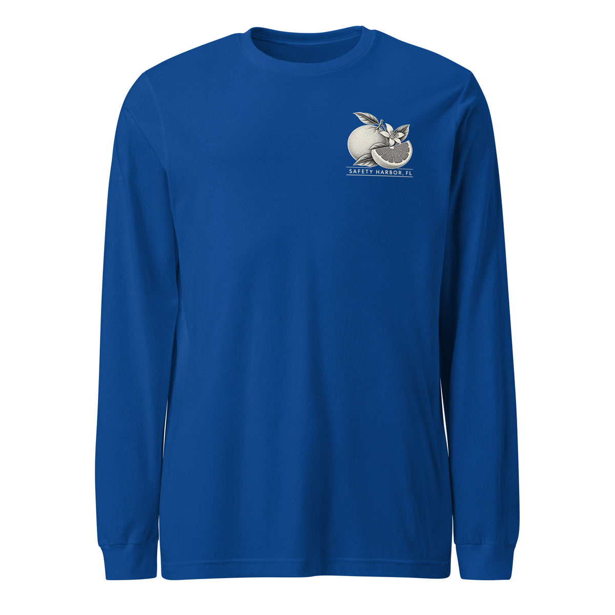Safety Harbor grapefruit long sleeve tee in True Royal, front view